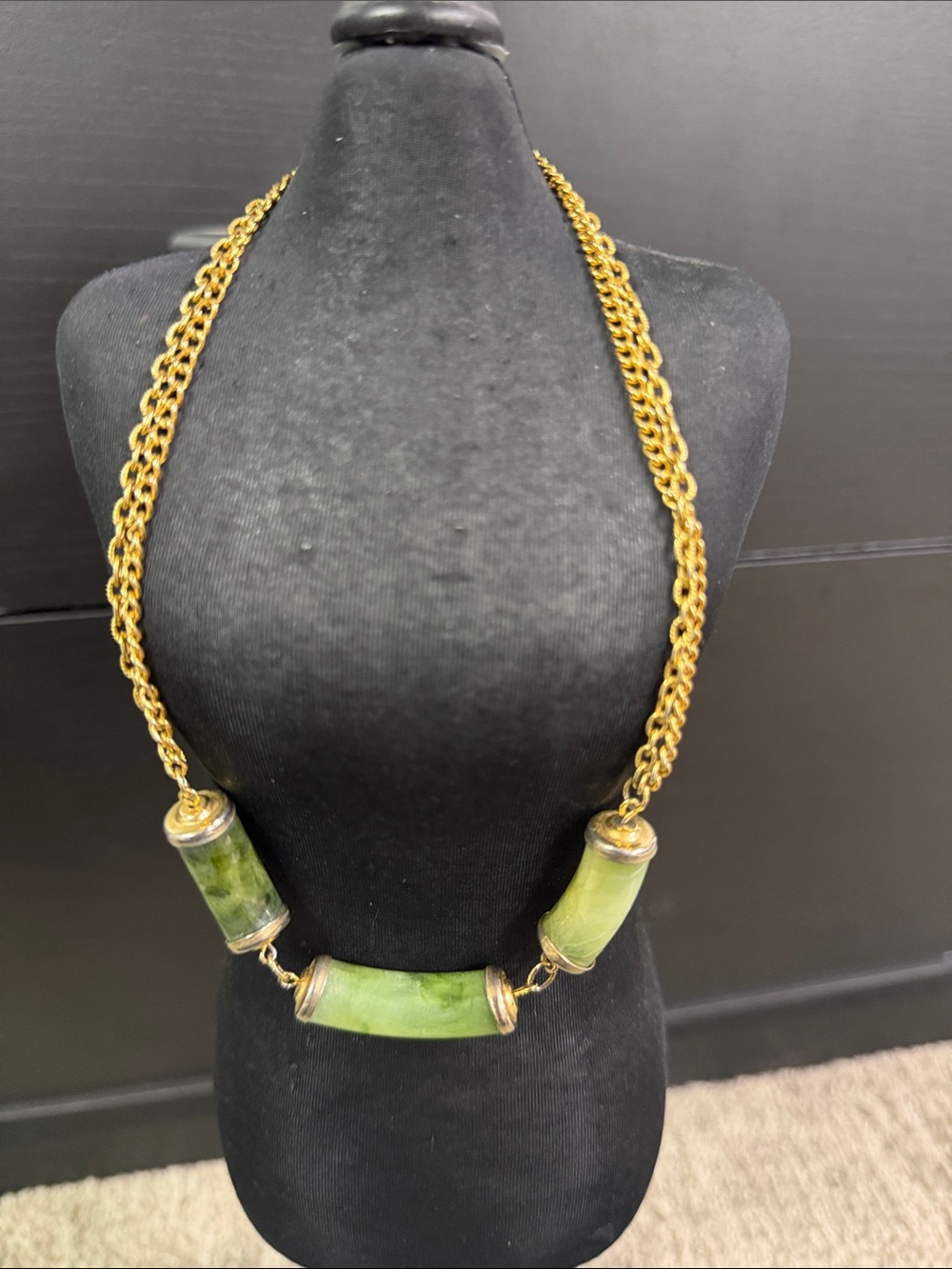 Gold Chain Necklace with Green Jade Tube Pendants